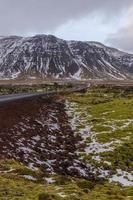 imagem vertical de lava coberta de musgo na fronteira com uma estrada na Islândia.