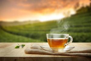 xícara de chá com e saco de folhas de chá na mesa de madeira e o fundo de plantações de chá foto