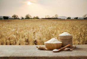 arroz de jasmim na tigela e saco de serapilheira na mesa de madeira com o fundo de campo de arroz dourado foto