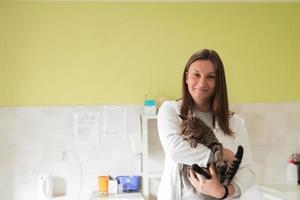 clínica veterinária. retrato de médica no hospital de animais segurando gato doente bonito foto