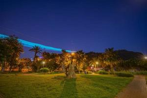 parque tranquilo da noite com luzes de rua, árvores, grama verde e caminho. foto