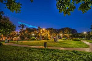 parque tranquilo da noite com luzes de rua, árvores, grama verde e caminho. foto