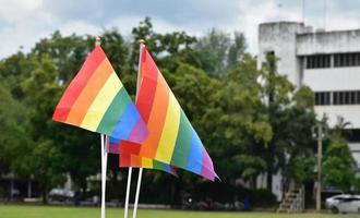 bandeiras do arco-íris, símbolo da diversidade de gênero lgbt, mostrando na frente da quadra de grama do recreio da escola, fundo desfocado do edifício, conceito para celebrações lgbt no mês do orgulho, junho, em todo o mundo. foto