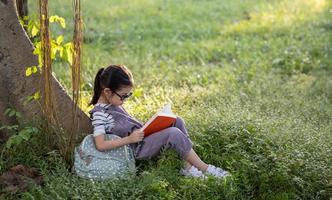 uma menina muito asiática lendo um livro debaixo da grande árvore. foto