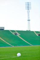 bola de futebol na grama no gol e estádio em segundo plano foto