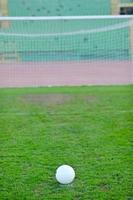 bola de futebol na grama no gol e estádio em segundo plano foto