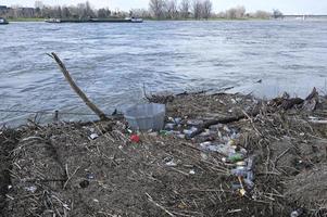 duesseldorf, alemanha, 2020 - detritos e lixo no rio Reno durante a maré alta em duesseldorf, alemanha foto