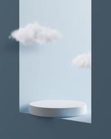 pódio de pedestal de canto redondo branco abstrato com nuvem na janela azul, pódio de exibição de produto no céu, estúdio de renderização 3d com formas geométricas, cena mínima de produto cosmético com plataforma