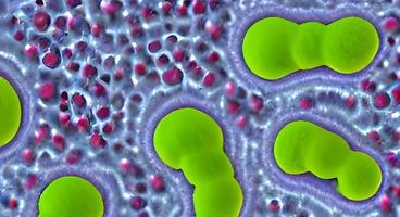 vírus e bactérias de várias formas contra um fundo azul. conceito de ciência e medicina. Renderização foto