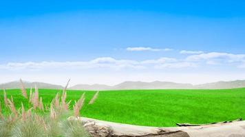 prado verde brilhante ao ar livre ou nas montanhas. paisagem natural com campos de grama verde e céu azul com nuvens com linhas curvas do horizonte. renderização em 3D foto