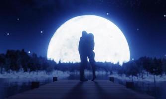 amantes da silhueta beijando romanticamente há uma lua cheia e uma estrela cheia do céu como pano de fundo. romantismo e propostas de casamento. renderização em 3D foto