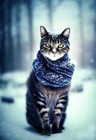 um gato vestindo um lenço em uma floresta de neve.