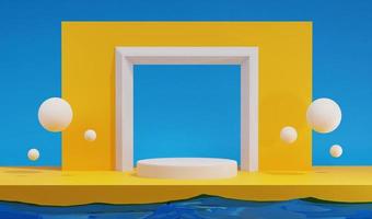 cena de fundo abstrato amarelo com pano de fundo de céu azul e efeito de piscina de água para exibição do produto. renderização 3D para promoção e apresentação foto