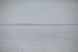 lago no inverno. dia cinza. Tempo nublado. campo nevado e floresta no horizonte. foto