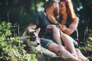 lindo casal sentado em uma floresta perto da árvore foto