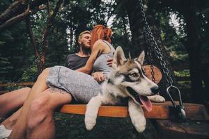 lindo casal junto com cachorro em um balanço foto