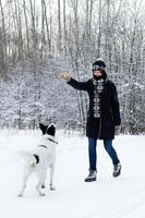 jovem está brincando com seu cachorro preto e branco em uma caminhada na floresta de inverno. foto