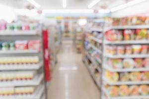 abstrato blur corredor de loja de conveniência de supermercado e prateleiras de produtos interior desfocado fundo foto