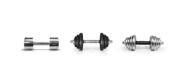 halteres de metal em um fundo branco. símbolos de equipamentos de ginástica, fitness e esportes. área de entrada de texto foto