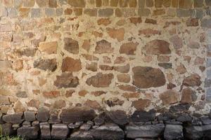 textura de uma parede de pedra com muitas grandes pedras marrons e cinzentas armadas com cimento. antigo fundo de textura de parede de pedra do castelo para uso medieval. parte de um edifício pedregoso foto