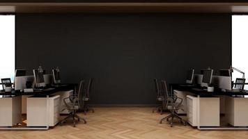 design de interiores de escritório minimalista moderno escuro em renderização 3d - área de trabalho em espaço aberto