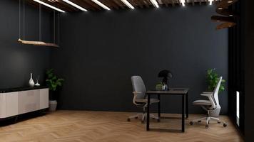 Vista lateral de renderização 3D do design de escritório moderno - maquete da parede interior da sala do gerente com conceito escuro