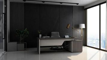 3d renderização design de escritório moderno - maquete da parede interior da sala do gerente com conceito escuro foto