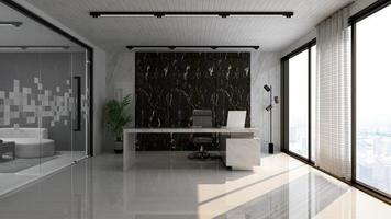 3d renderização design de escritório moderno - maquete da parede interior da sala do gerente com conceito escuro foto