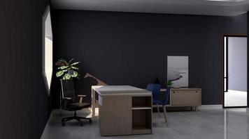 Vista lateral de renderização 3D do design de escritório moderno - maquete da parede interior da sala do gerente com conceito escuro