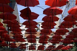 vários guarda-chuvas vermelhos em uma rua em belgrado foto