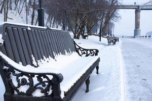 belos bancos em um parque coberto de neve. foto