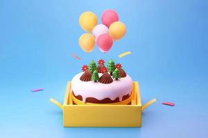 bolo de natal, aniversário e celebração na caixa de presente amarela com ilustração 3d de balão colorido sobre fundo azul foto