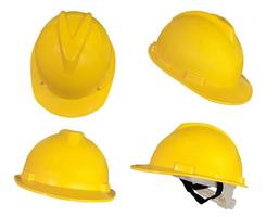definir capacete deferente amarelo, ferramentas de construção para segurança industrial isoladas em fundo branco foto