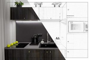 interior da cozinha de luxo moderna com mesa de hóspedes em estúdios em estilo minimalista com cor vermelha escura foto