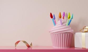 bonito bolo de aniversário 3d renderizando cor rosa com uma vela colorida, cupcake e caixa de presente para um aniversário surpresa, mãe, dia e dia dos namorados no fundo da mesa rosa. ilustração 3d renderização. foto