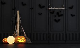 cartaz de festa de halloween em um quarto de casa assombrada clássico moderno com abóboras jack-o'-lantern. lâmpadas de lua cheia, caldeirões de bruxas, teias de aranha e caveiras no chão. ilustração de renderização 3D foto