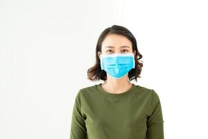 mulher asiática usando máscara facial para proteção contra poluição do ar ou epidemia de vírus em fundo branco foto