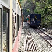 shimla, himachal pradesh, índia - 14 de maio de 2022 - rota kalka-shimla do trem de brinquedo, movendo-se na ferrovia para a colina, trem de brinquedo de kalka para shimla na índia entre a floresta natural verde foto