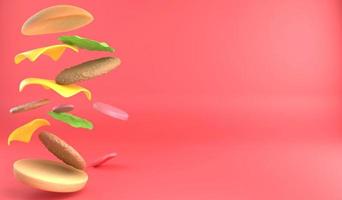 renderização 3D caindo parte do hambúrguer em fundo vermelho. conceito de fast food de ilustração 3D e espaço de cópia foto