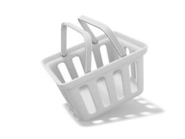 cesta voadora de plástico branco sobre fundo branco. carrinho de compras vazio. renderização 3D. foto