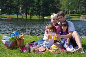 família feliz jogando juntos em um piquenique ao ar livre foto