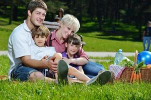 família feliz jogando juntos em um piquenique ao ar livre foto