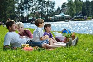 família feliz jogando juntos em um piquenique ao ar livre foto