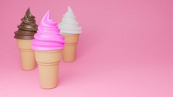 sorvete de sorvete de chocolate, baunilha e morango no cone crocante no fundo rosa., modelo 3d e ilustração. foto