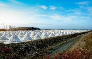 fazenda de sal marinho e celeiro na tailândia. sal marinho orgânico. matéria-prima de sal industrial. Cloreto de Sódio. sistema de evaporação solar. fonte de iodo. trabalhador trabalhando na fazenda em dia ensolarado com céu azul. foto