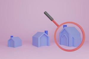 modelos de casas pequenas, médias e grandes, comparando cada tamanho de casa, lupa, modelos de casa colocados em fundo rosa, renderização 3d foto