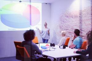 equipe de negócios de inicialização em uma reunião no prédio de escritórios à noite moderna foto