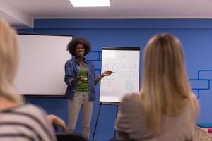 conceito de reunião de negócios corporativos de palestrante de mulher negra foto