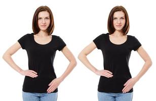 camiseta de colagem. mulher caucasiana, garota de camiseta preta isolada no fundo branco, modelo, em branco foto