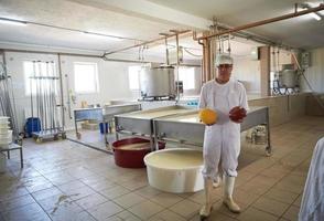 queijeiro de produção de queijo trabalhando na fábrica foto